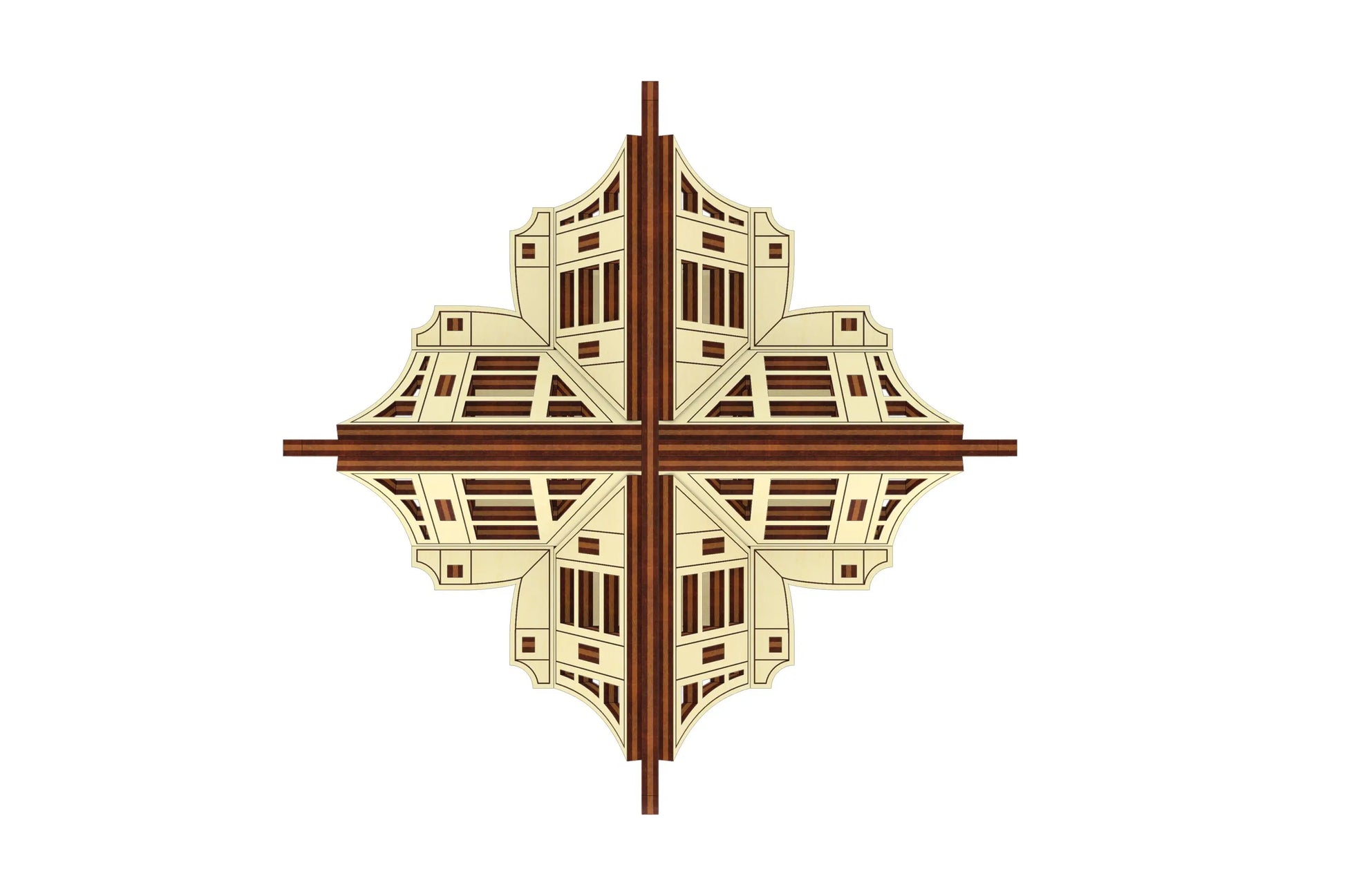 Symmetrical front view of a miniature cross-shaped greenhouse architectural model made from clean laser cut plywood.