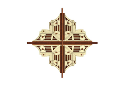 Symmetrical front view of a miniature cross-shaped greenhouse architectural model made from clean laser cut plywood.