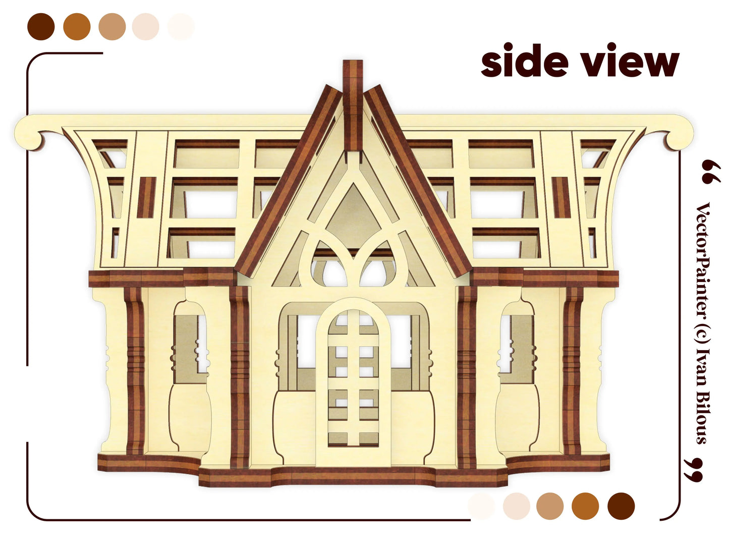 Symmetrical orthogonal side layout graphic of a miniature courtyard glasshouse made from flat laser cut plywood parts.