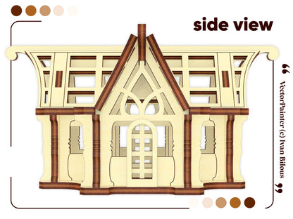 Symmetrical orthogonal side layout graphic of a miniature courtyard glasshouse made from flat laser cut plywood parts.