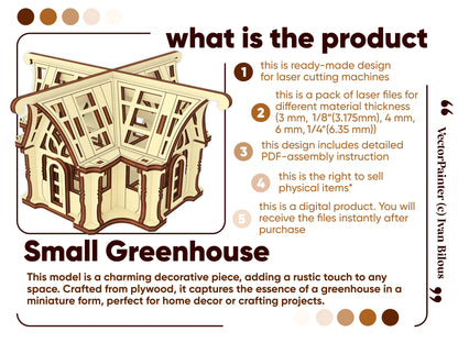 E-commerce promotion banner outlining instant digital vector files package for a 3D laser cut plywood greenhouse kit.