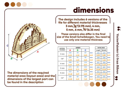 Official technical dimension guide infographic layout with a detailed size chart table for a small laser cut plywood arch.