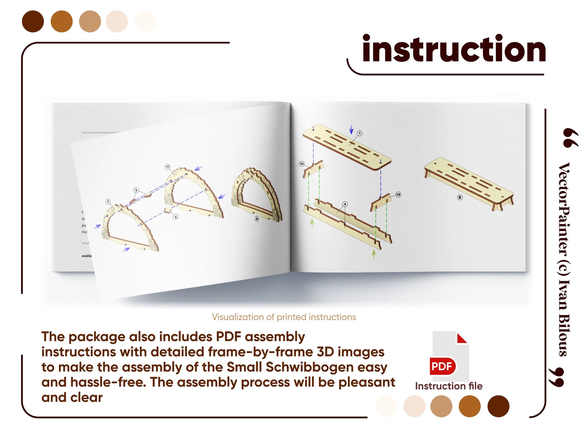 An open assembly instruction booklet featuring detailed step-by-step 3D diagrams for a small laser cut plywood village arch.