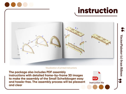 An open assembly instruction booklet featuring detailed step-by-step 3D diagrams for a small laser cut plywood village arch.