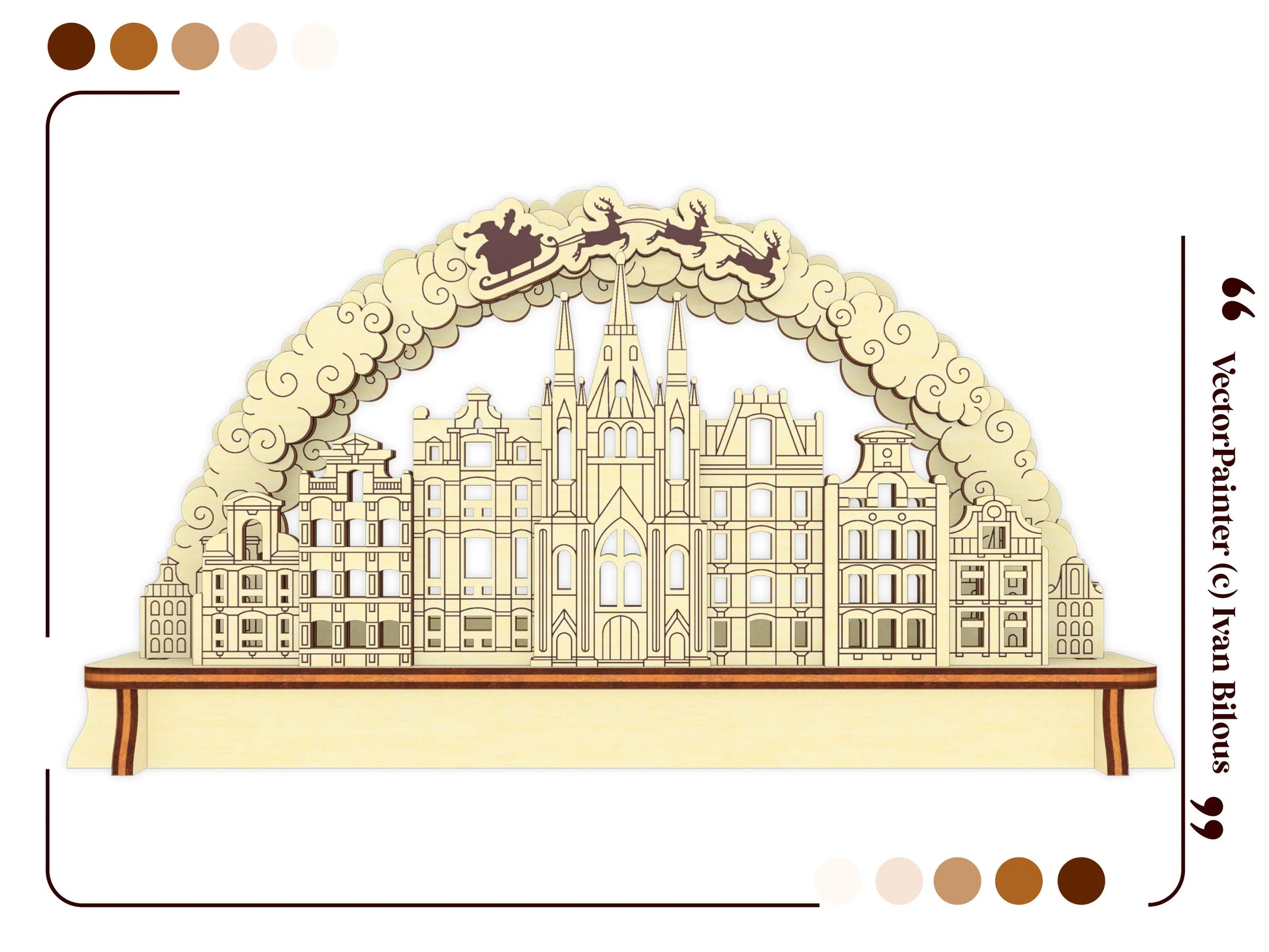 Beautiful straight front vector elevation view of a small holiday Christmas village arch centerpiece in laser cut plywood.