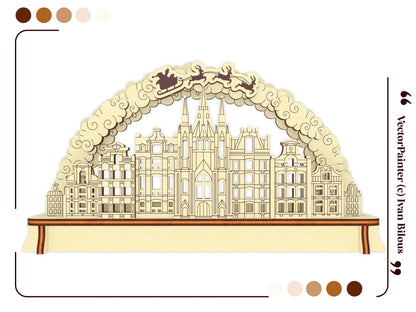 Beautiful straight front vector elevation view of a small holiday Christmas village arch centerpiece in laser cut plywood.