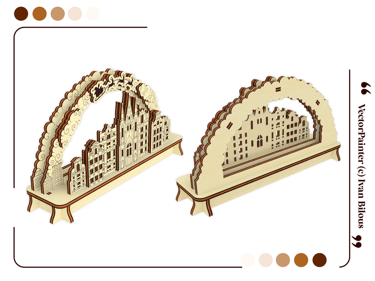 Decorative template graphic showcasing both the front and back perspective views of a small laser cut plywood holiday arch.