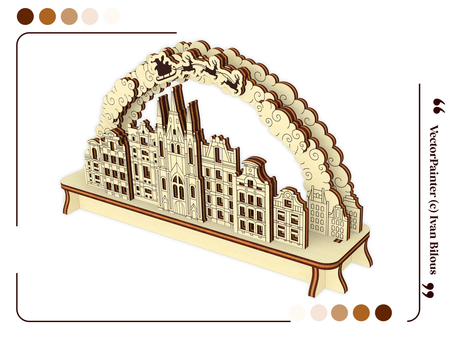 A lovely high-angle front perspective template mockup of an assembled small Christmas town arch made from laser cut plywood.
