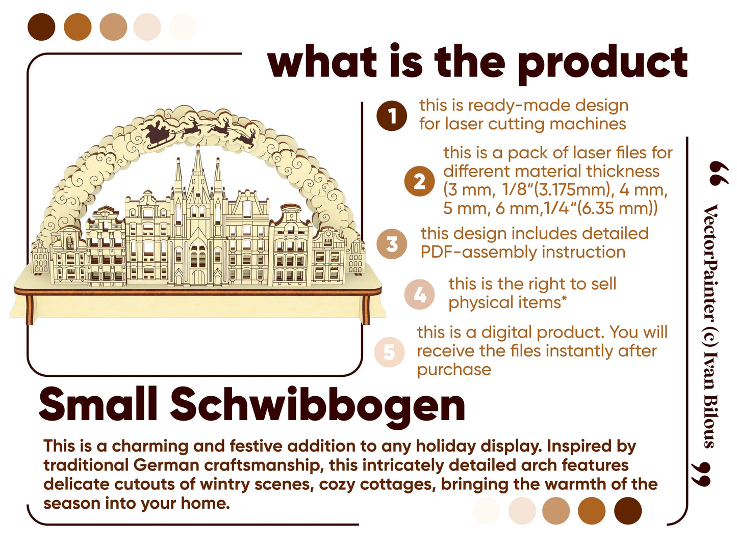 Product details marketing infographic containing a numbered features list for a small laser cut plywood holiday village arch.