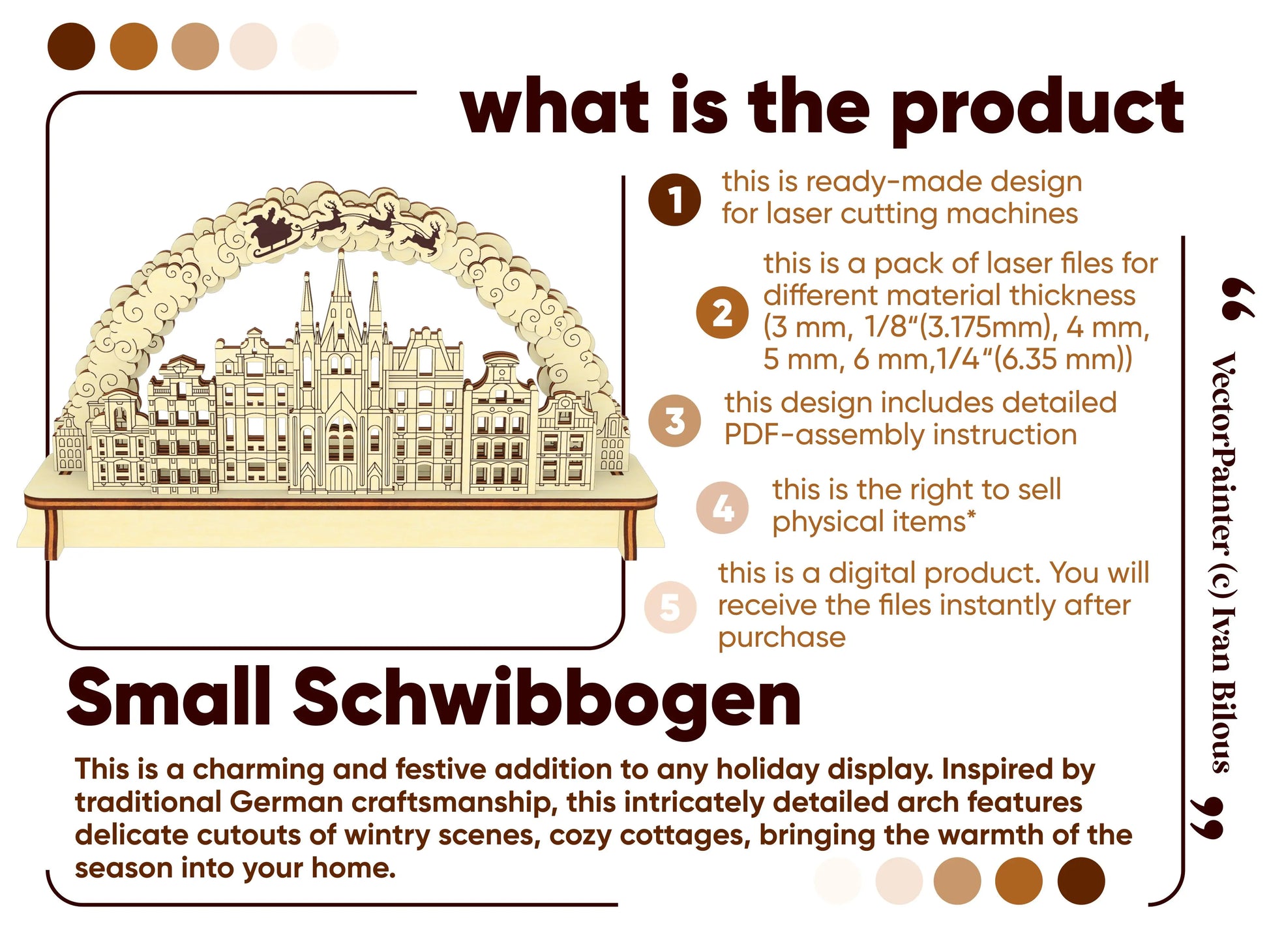 Product details marketing infographic containing a numbered features list for a small laser cut plywood holiday village arch.