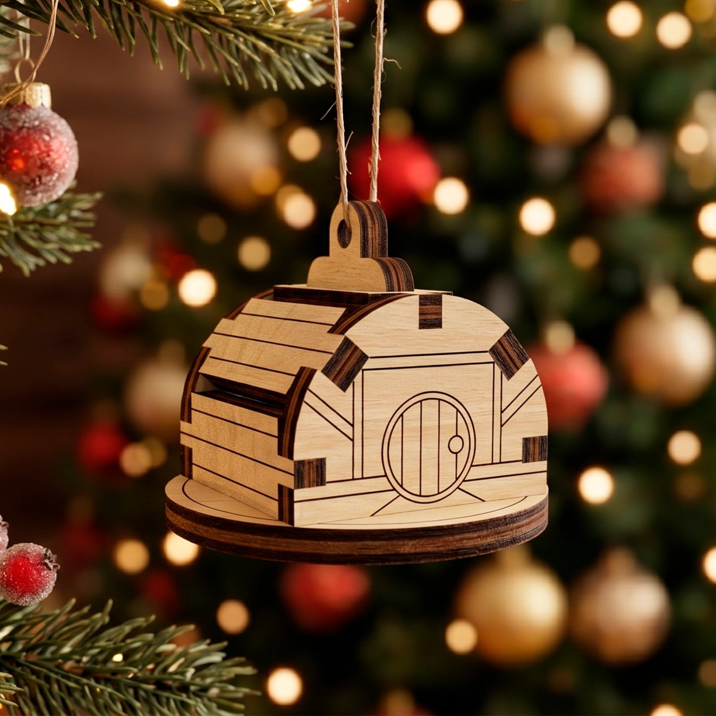 Laser cut plywood miniature barn ornament with a round door, hanging on a Christmas tree with blurry bokeh lights.