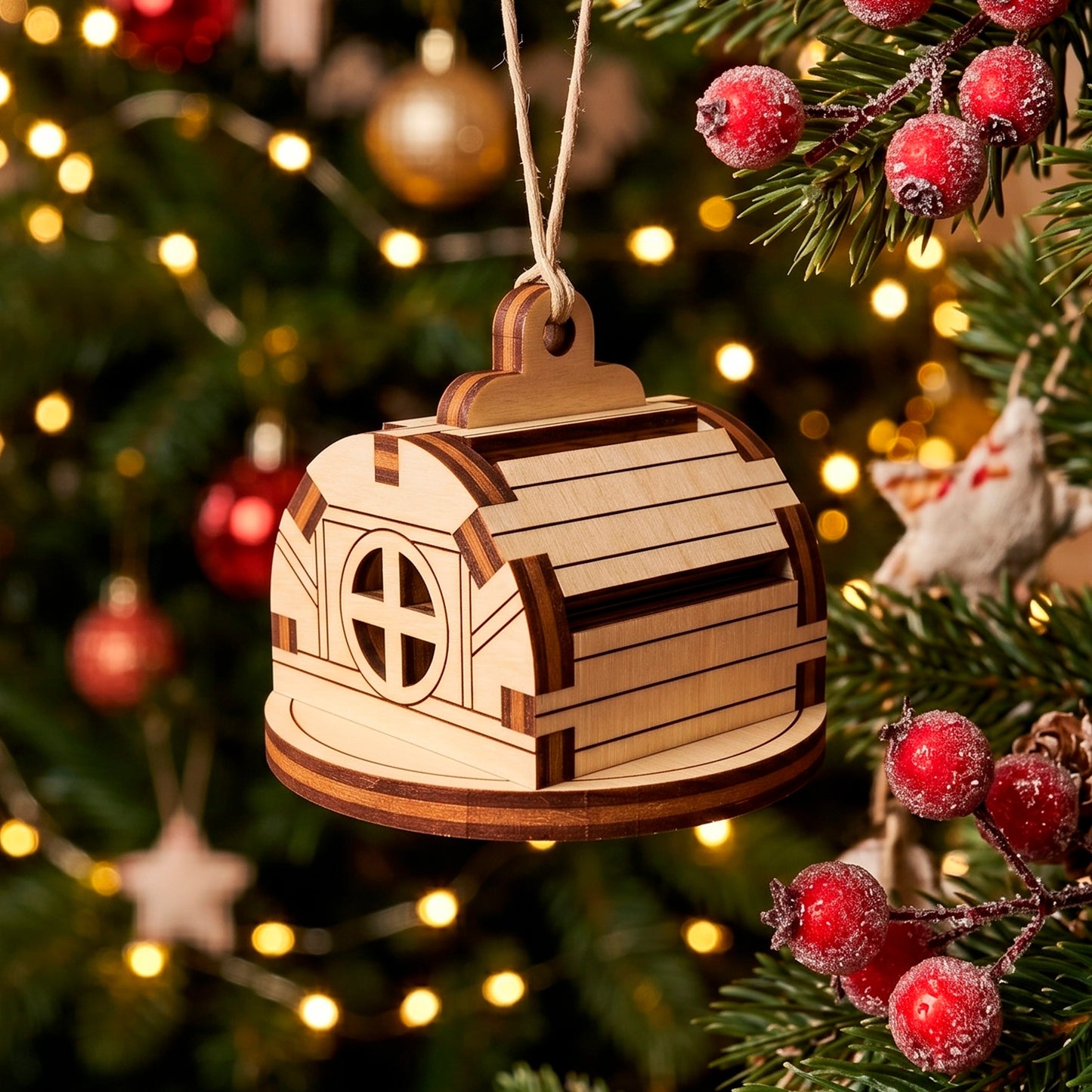 Laser cut plywood small house ornament hanging on a Christmas tree branch near red winter berries and festive lights.