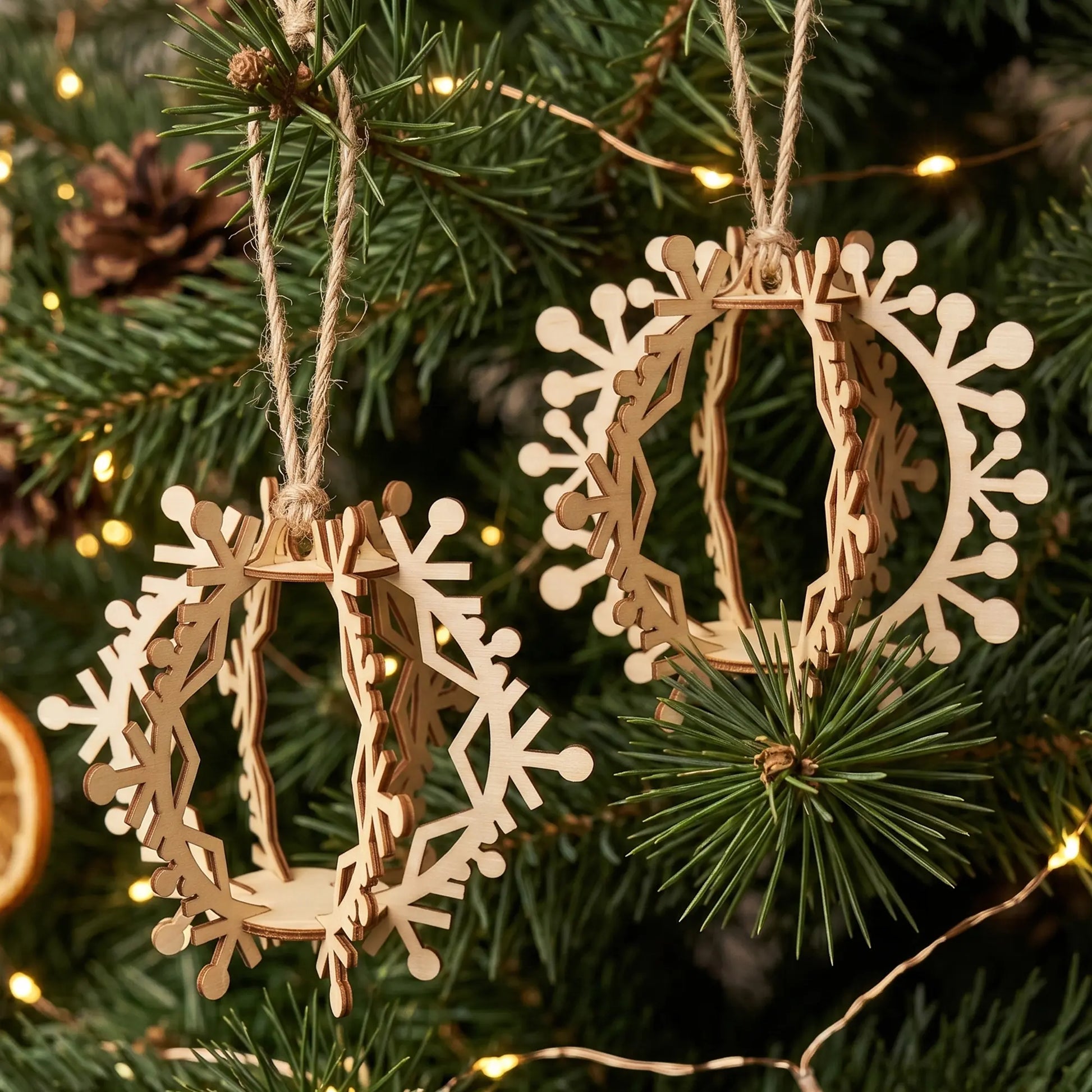 Two 3D interlocking laser cut plywood snowflake ornaments hanging by twine on a pine tree decorated with warm fairy lights