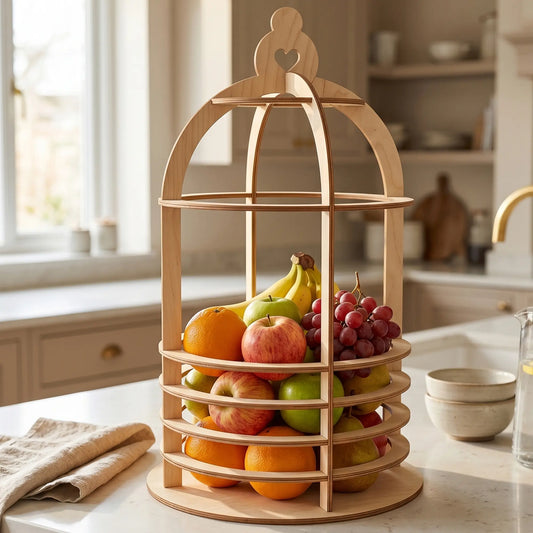 Dome-shaped laser cut plywood fruit stand with heart detail on a bright minimalist kitchen counter with various fresh fruits