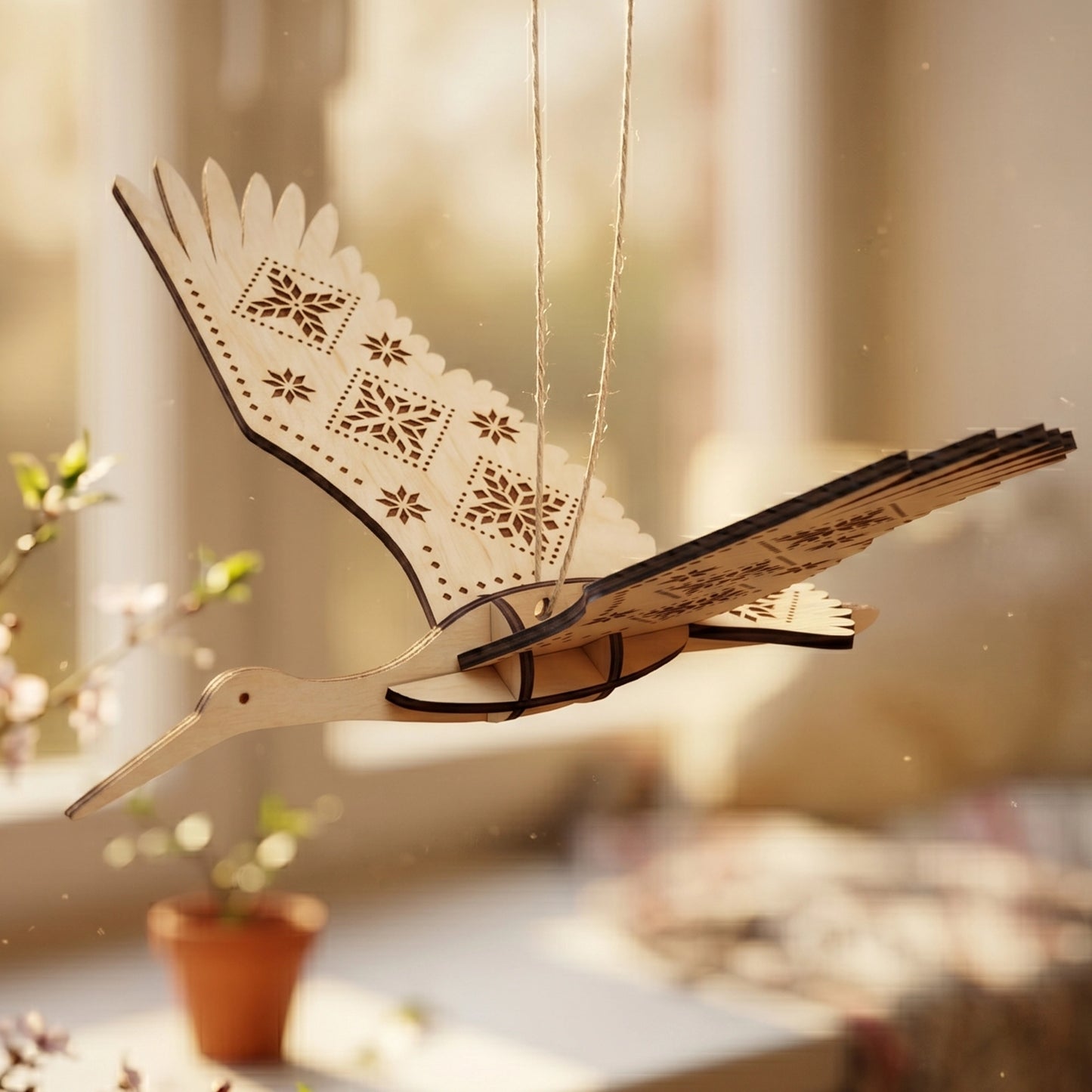 Hanging laser cut plywood mobile of a flying stork with traditional star patterns, suspended by a string near a window.
