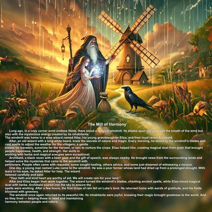 Story illustration page featuring an old wizard and a young girl next to a laser cut plywood fantasy windmill model.