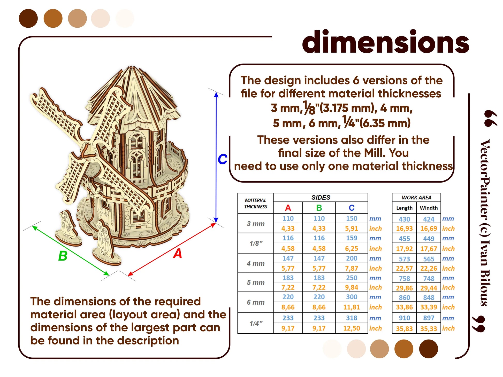 Sizing chart table displaying dimensions and material thickness options to construct a laser cut plywood windmill model.