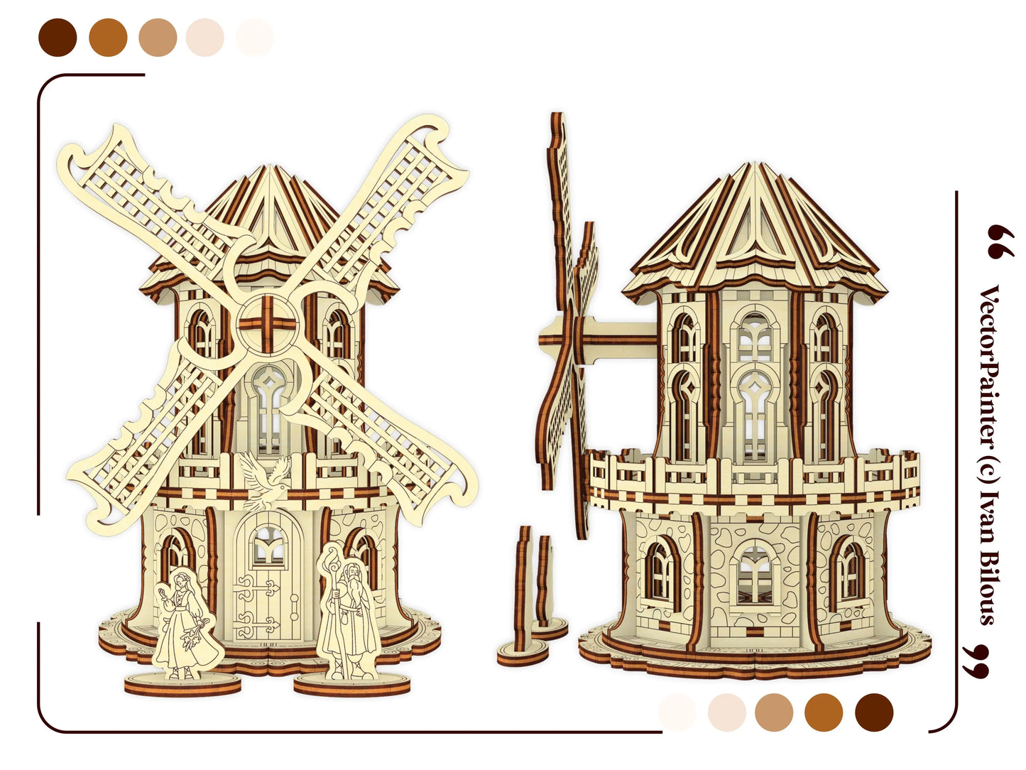 Front and side profile 3D digital renderings of a decorative miniature windmill built from a laser cut plywood file pack.
