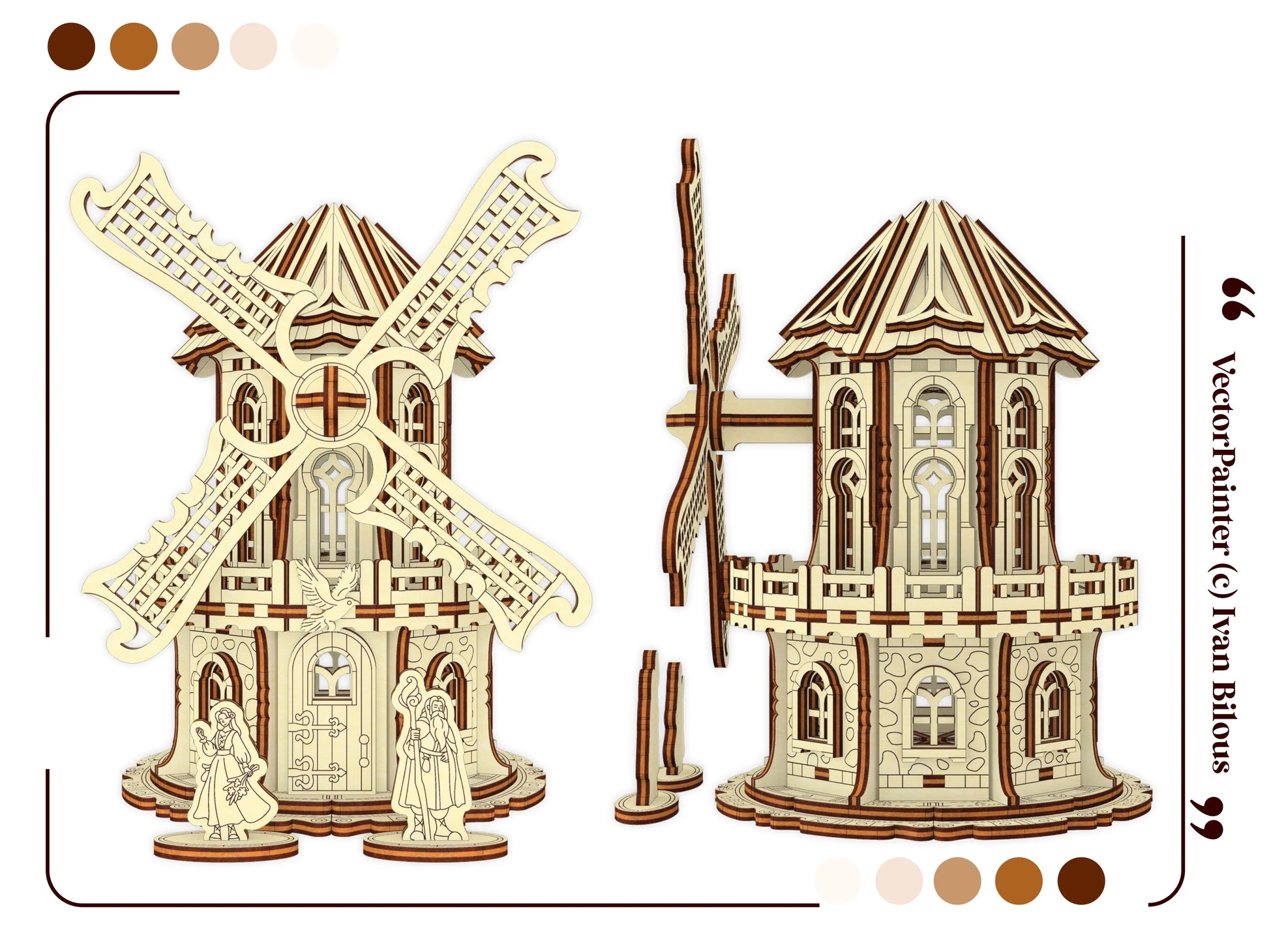 Front and side profile 3D digital renderings of a decorative miniature windmill built from a laser cut plywood file pack.