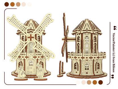 Front and side profile 3D digital renderings of a decorative miniature windmill built from a laser cut plywood file pack.