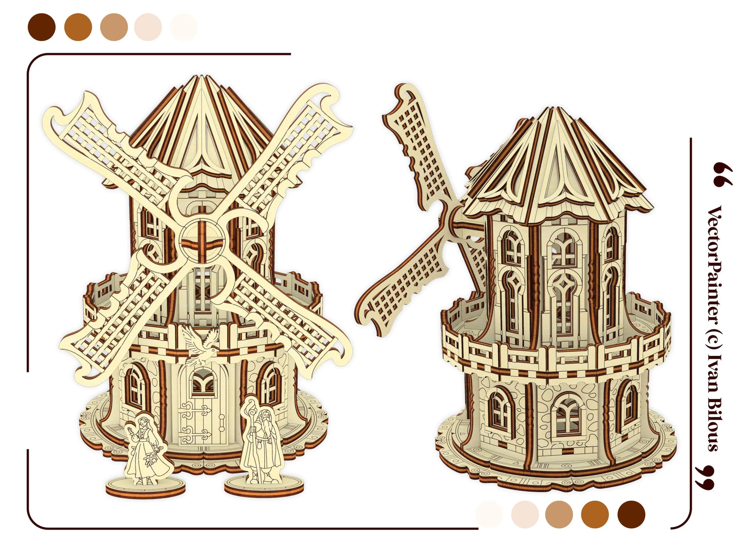 Two multi-angle 3D views showing the front and back mechanics of a completed fantasy laser cut plywood windmill model.