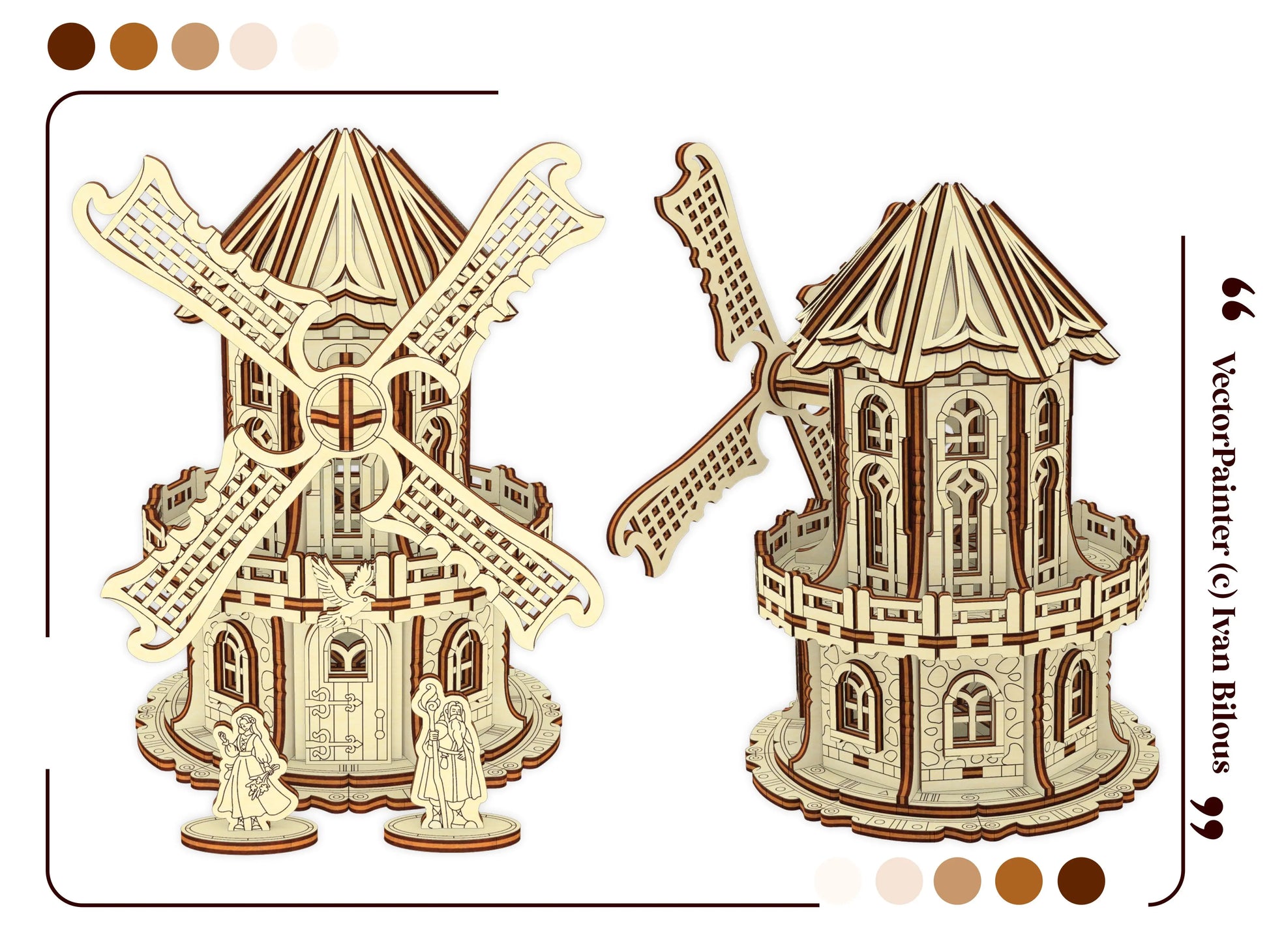 Two multi-angle 3D views showing the front and back mechanics of a completed fantasy laser cut plywood windmill model.