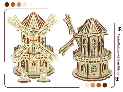 Two multi-angle 3D views showing the front and back mechanics of a completed fantasy laser cut plywood windmill model.