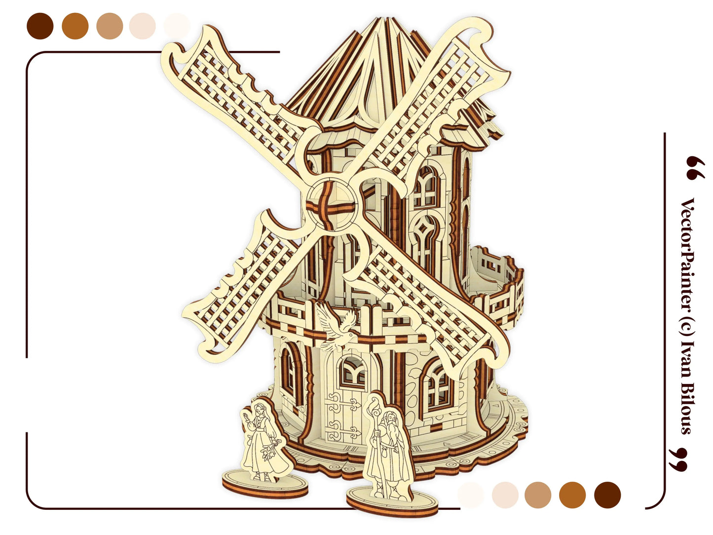Front angled 3D rendering of an assembled mechanical windmill model alongside tiny laser cut plywood character figurines.