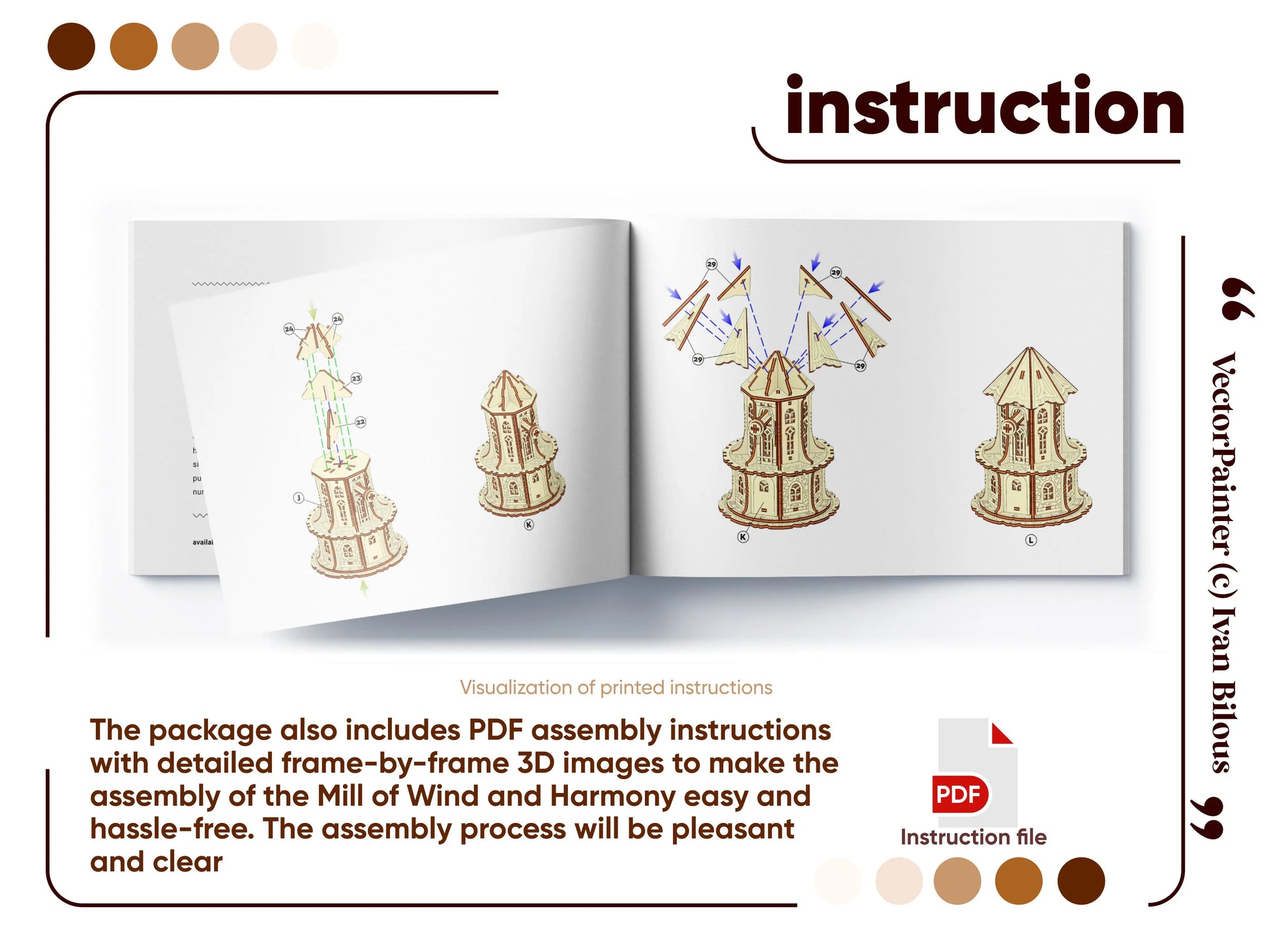 Assembly booklet page showing step-by-step 3D rendering diagrams to build the laser cut plywood windmill model structure.