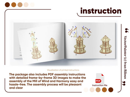 Assembly booklet page showing step-by-step 3D rendering diagrams to build the laser cut plywood windmill model structure.