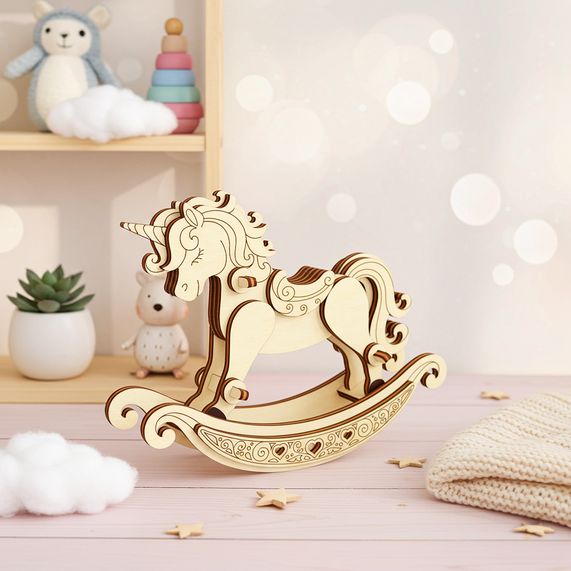 Laser cut wooden rocking unicorn toy displayed on a pastel nursery table with soft clouds and baby décor