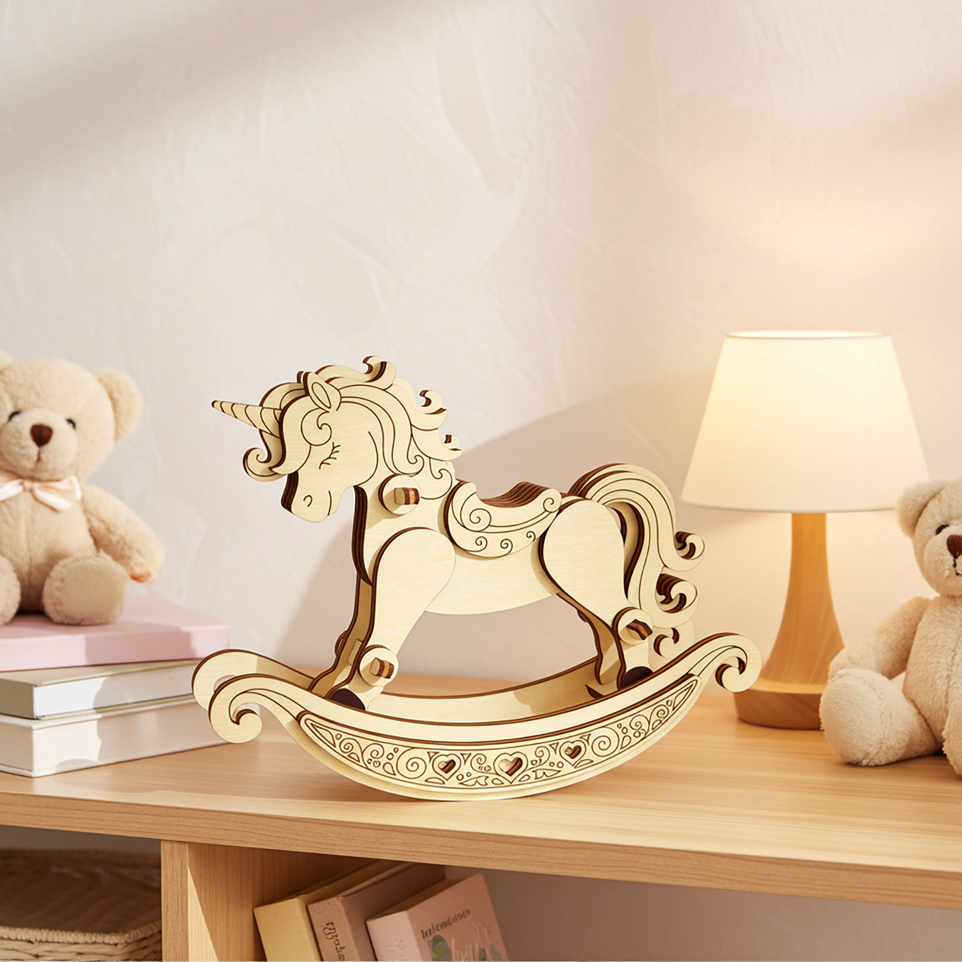 Laser cut unicorn rocker made from plywood placed on a wooden shelf with teddy bears and a warm lamp