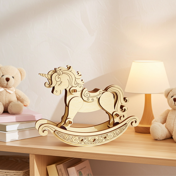 Laser cut unicorn rocker made from plywood placed on a wooden shelf with teddy bears and a warm lamp