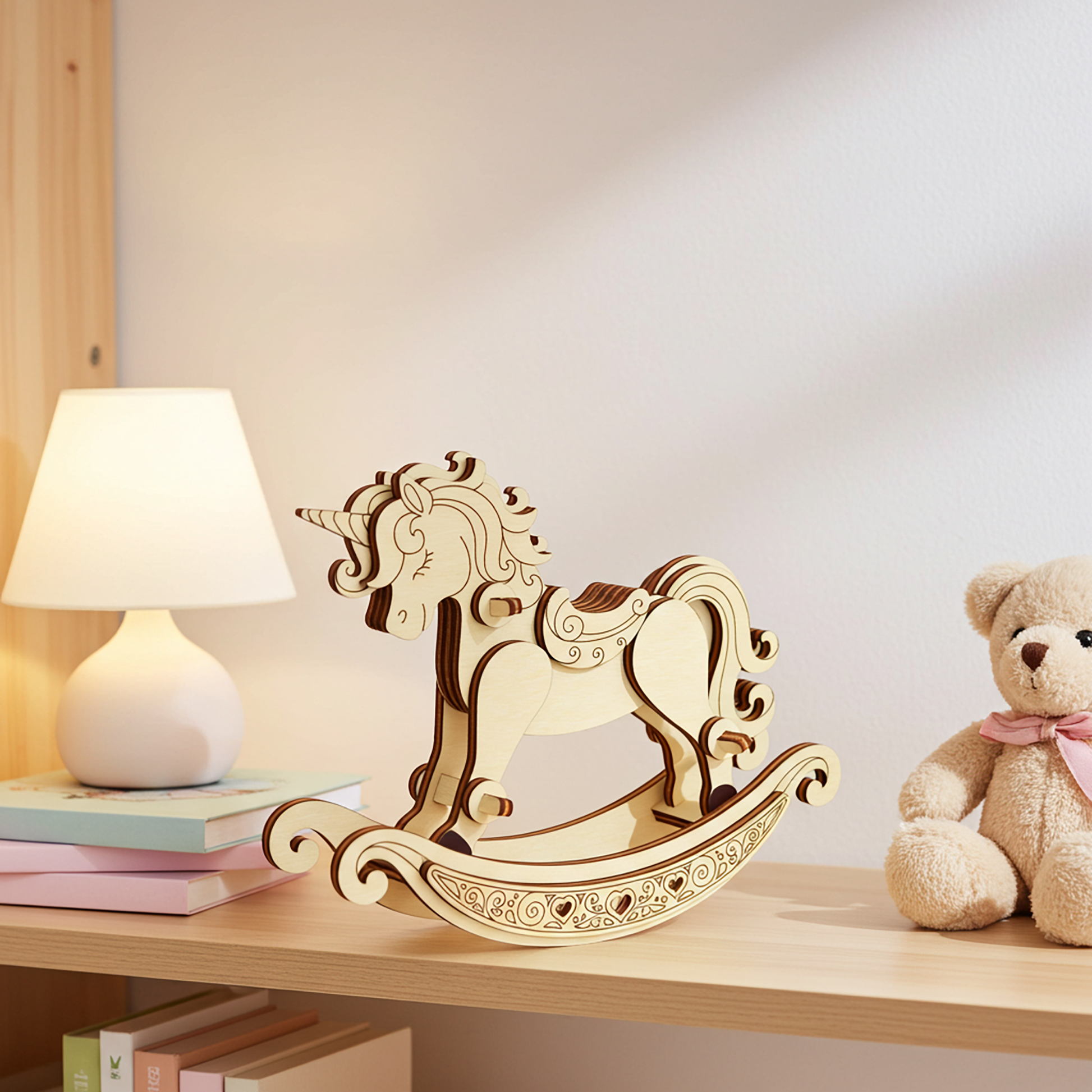 Detailed plywood rocking unicorn laser cut design standing on a bookshelf next to a white lamp and toys