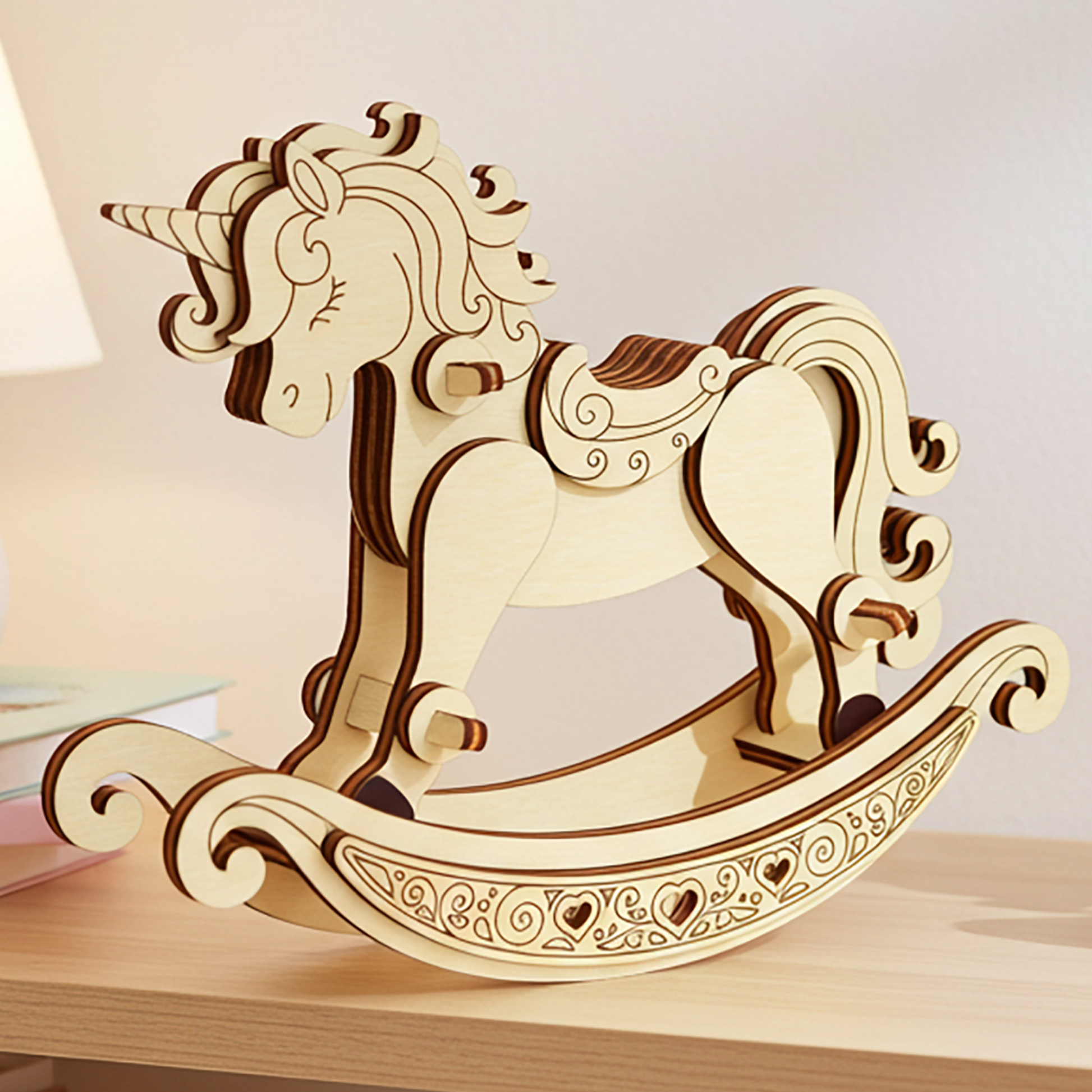 Close-up of a laser cut rocking unicorn toy with engraved details on a wooden shelf in a cozy nursery