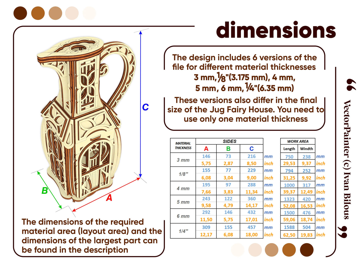 Measurement infographic featuring a size table for various material thicknesses of a unique laser cut plywood jug house.