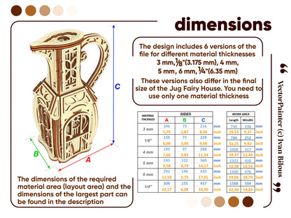 Measurement infographic featuring a size table for various material thicknesses of a unique laser cut plywood jug house.