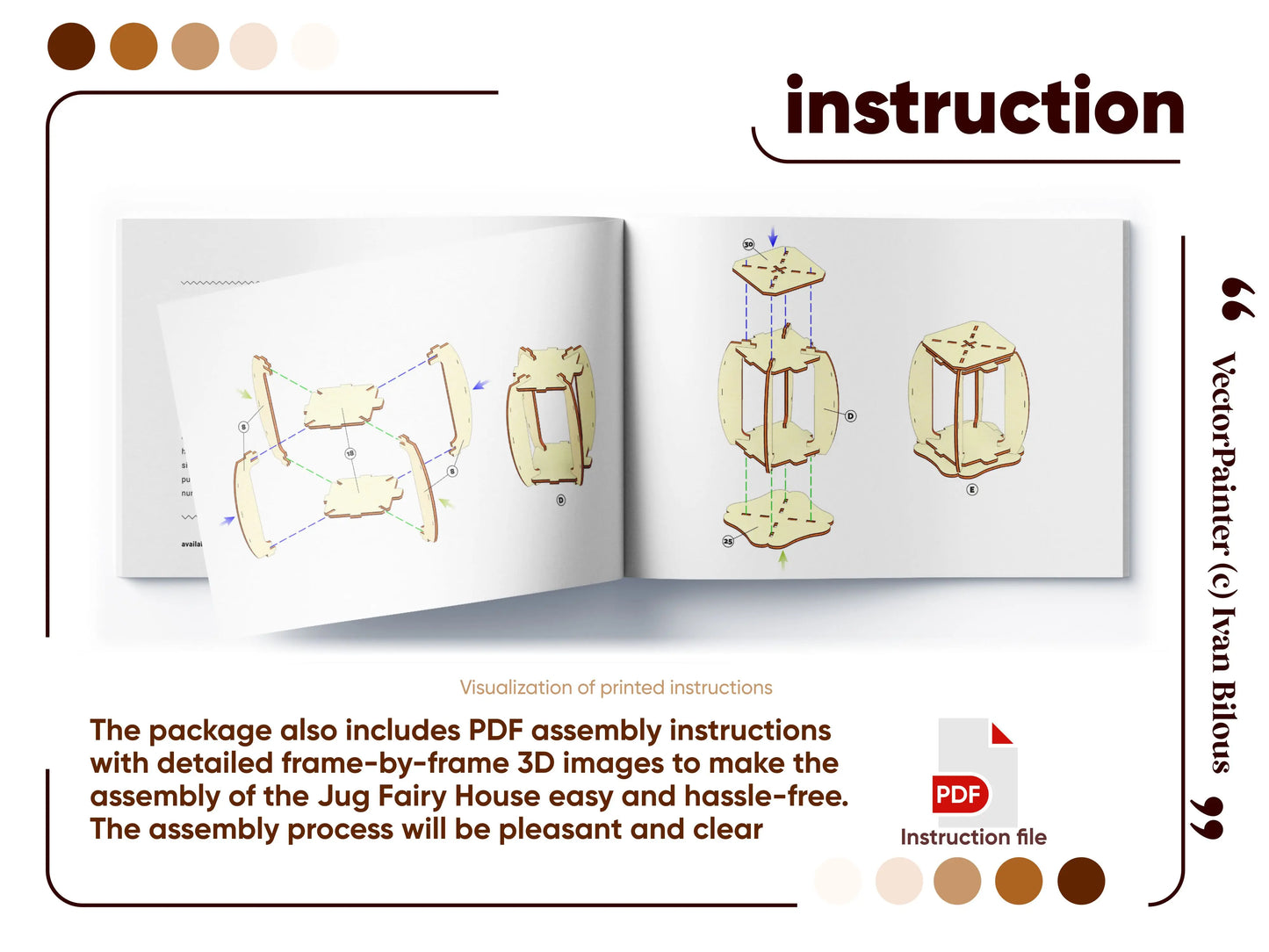 Graphic illustration of an open manual detailing the 3D step-by-step assembly instructions for a laser cut plywood jug house.