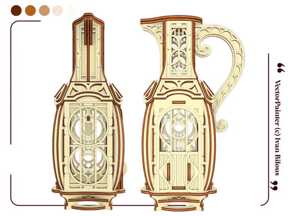 Front and profile vector views showing the intricate geometric patterns of a whimsical laser cut plywood jug fairy house.