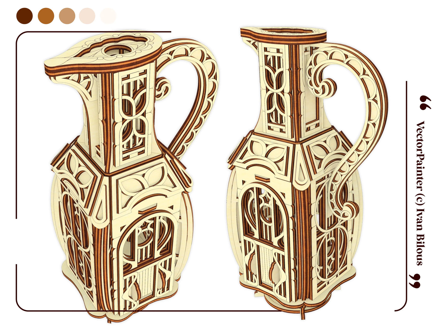Two 3D graphic render views showing the ornate details and handles of a decorative laser cut plywood jug fairy house.