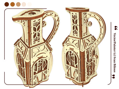 Two 3D graphic render views showing the ornate details and handles of a decorative laser cut plywood jug fairy house.