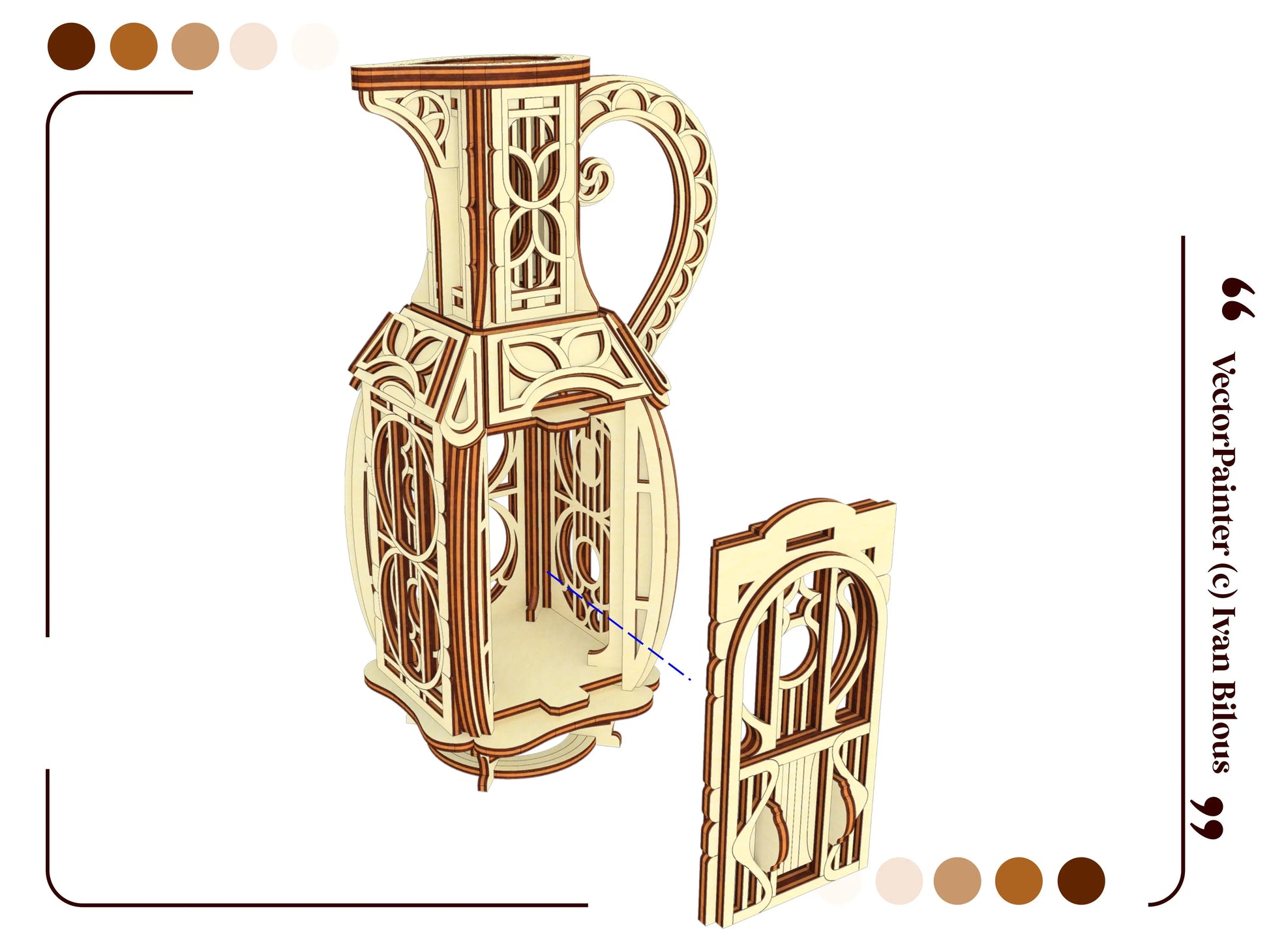 Exploded 3D render diagram illustrating how the decorative front panel detaches from the laser cut plywood jug house body