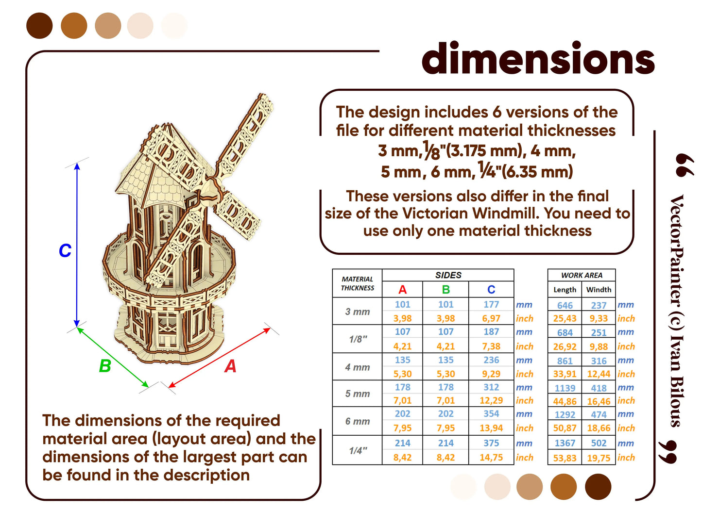 Technical sizing chart table displaying dimensions and assembly scales for various laser cut plywood thicknesses.