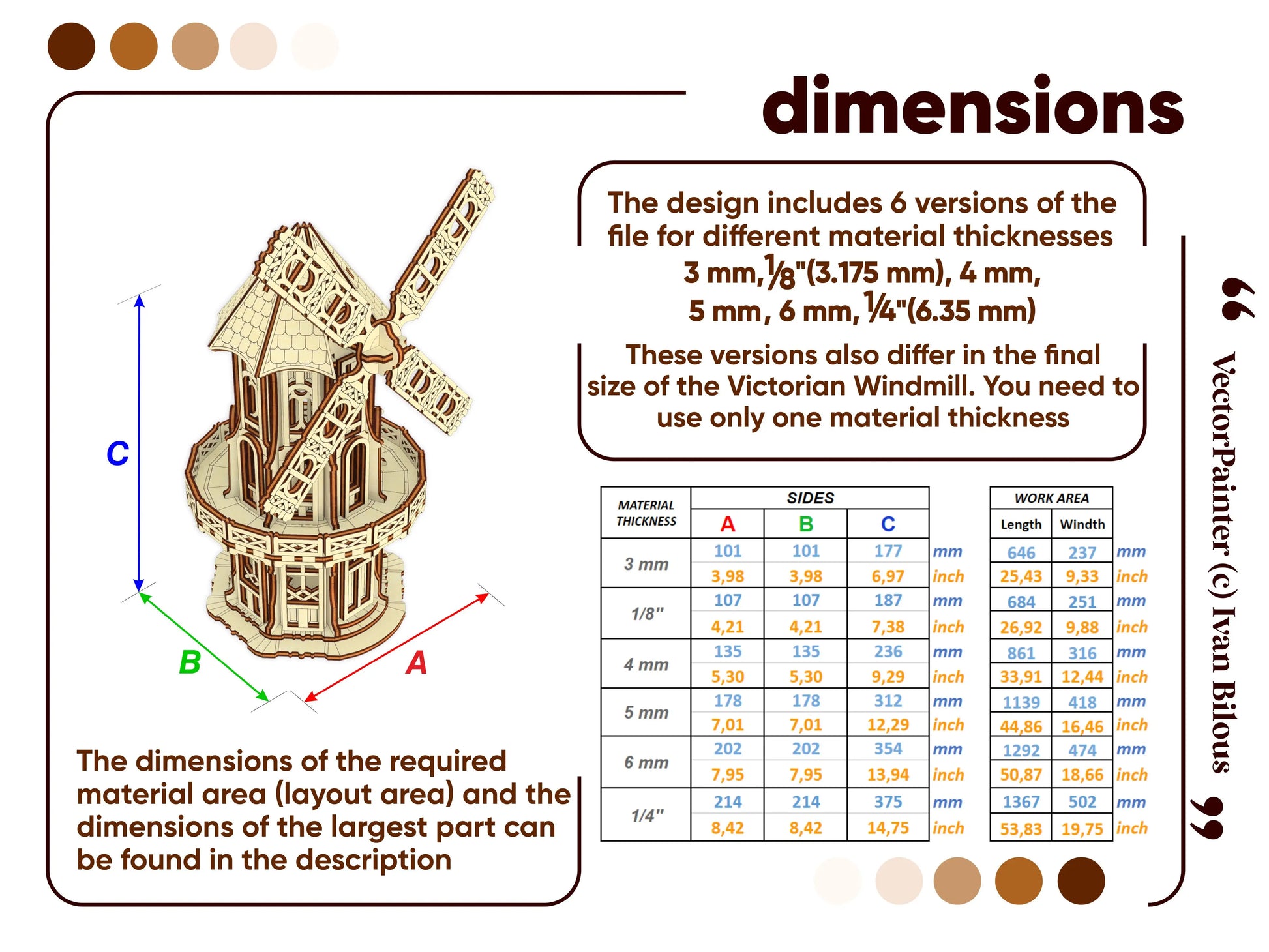 Technical sizing chart table displaying dimensions and assembly scales for various laser cut plywood thicknesses.