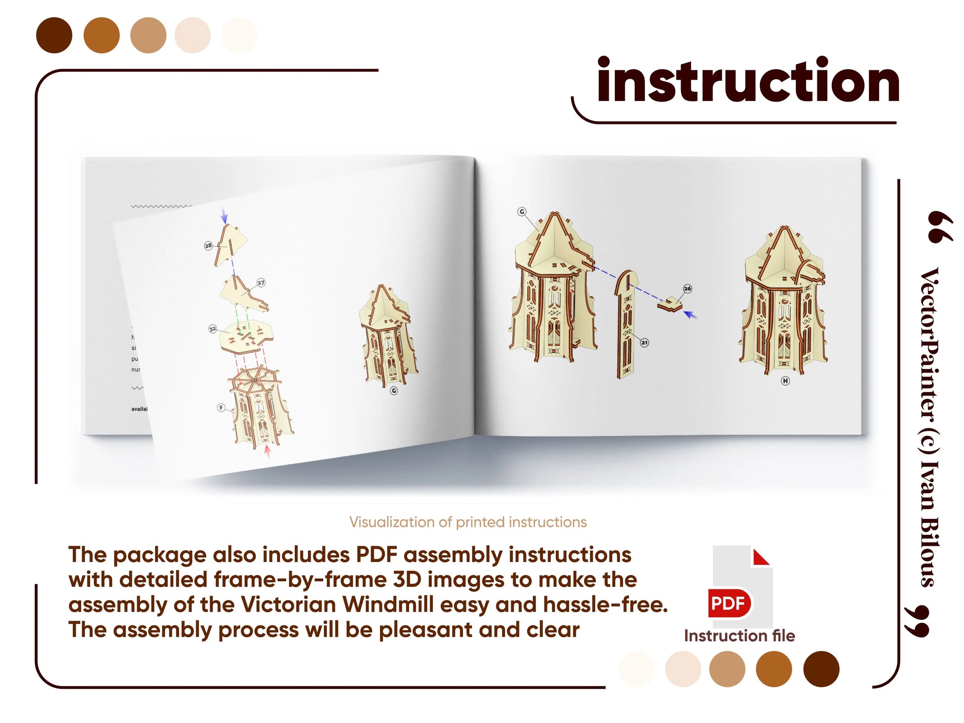 Assembly manual pages with step-by-step 3D diagrams to easily build the detailed laser cut plywood Victorian windmill model.