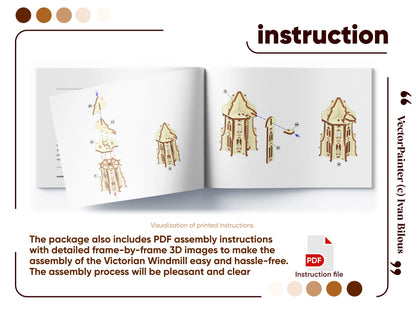 Assembly manual pages with step-by-step 3D diagrams to easily build the detailed laser cut plywood Victorian windmill model.