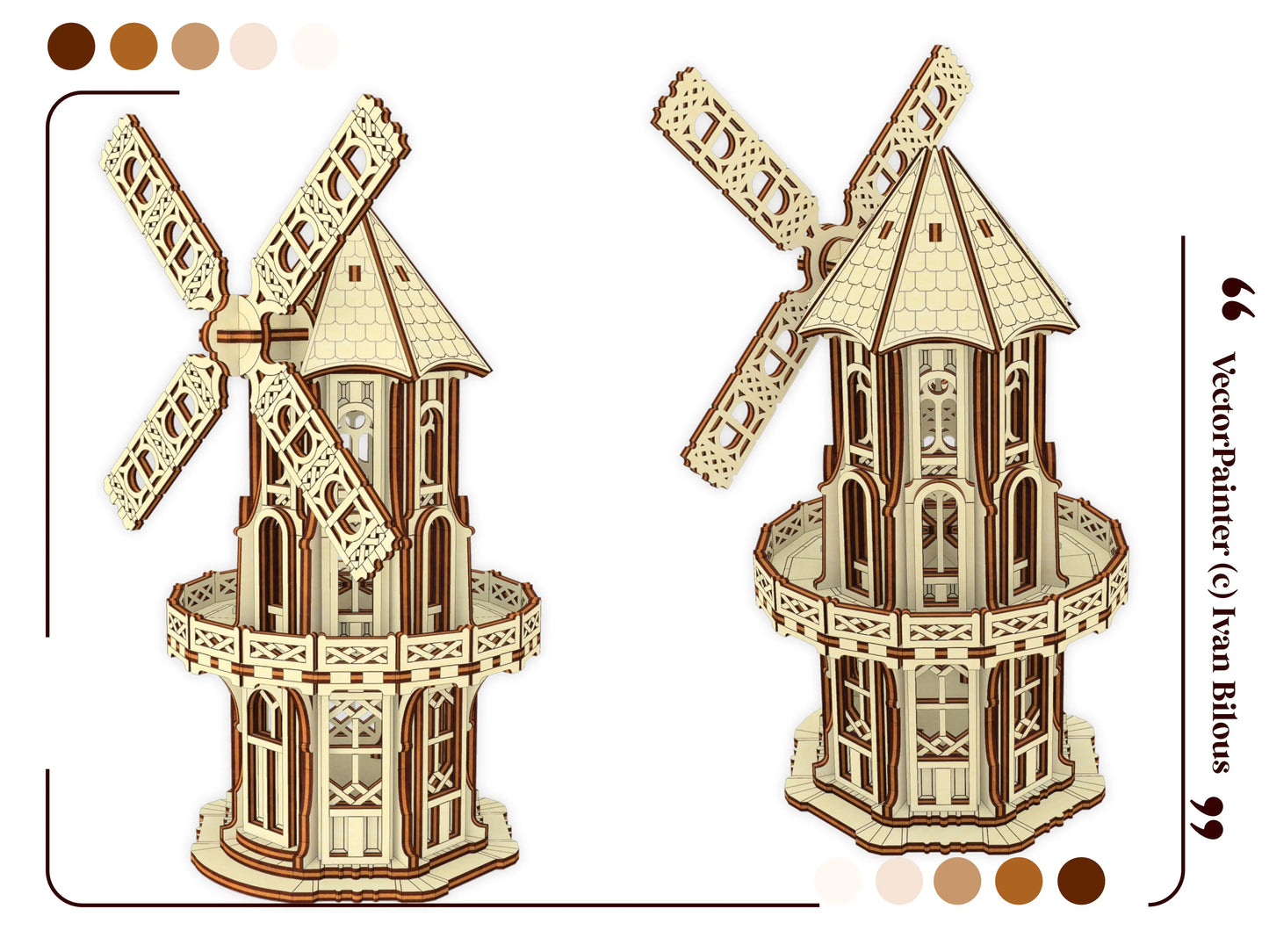 Dual 3D rendering views illustrating the intricate front and rear exterior panels of a laser cut plywood windmill.