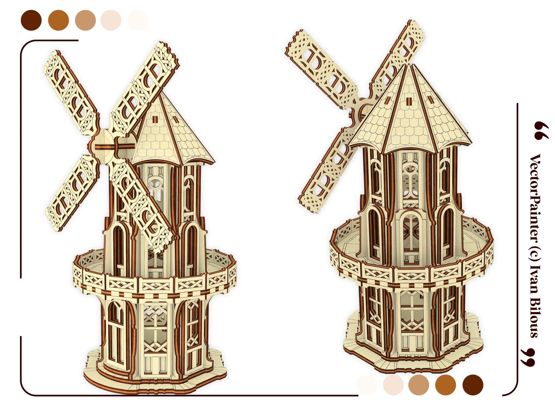 Dual 3D rendering views illustrating the intricate front and rear exterior panels of a laser cut plywood windmill.