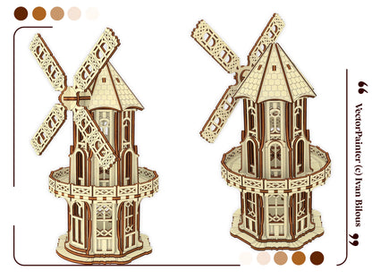 Dual 3D rendering views illustrating the intricate front and rear exterior panels of a laser cut plywood windmill.