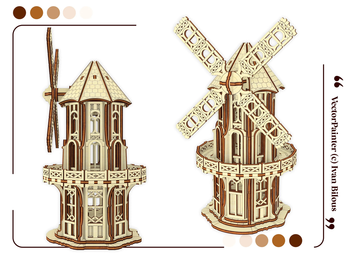 Side and front multi-angle 3D digital renderings of a finished architectural model built from laser cut plywood.
